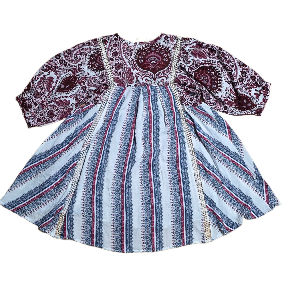 Umgee Paisley Stripe Boho Tunic Dress Women's‎ Size Small V Neck 3/4 Sleeve - Picture 2 of 7